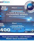 Box of Pre-Moistened Glasses Wipes For Eyewear And Screens Ammonia Free 400 Count with satisfaction guarantee seal
