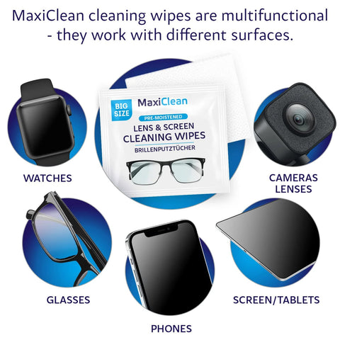 MaxiClean lens and screen cleaning wipes packet; five devices shown (watch, glasses, phone, camera lens, tablet).