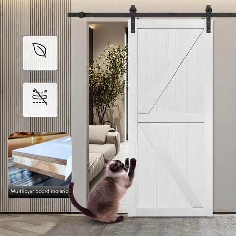 36in x 84in MDF Barn Door with 6.6FT Sliding Hardware Kit, solid barn door slab with water-proof PVC surface in interior setting