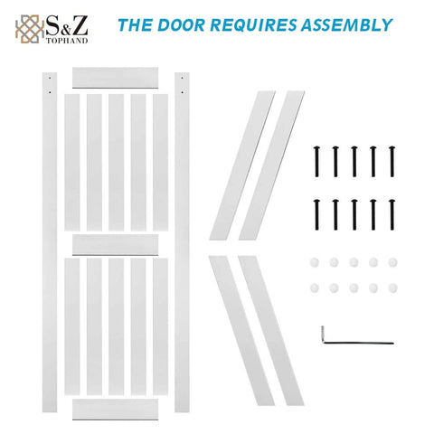 Disassembled parts of 36in x 84in MDF Barn Door with 6.6FT Sliding Hardware Kit, Solid Barn Door Slab Covered with Water-Proof PVC Surface