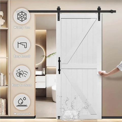 36in x 84in MDF Barn Door with 6.6FT Sliding Hardware Kit, solid white barn door slab in use with highlighted features.