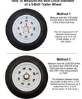 Instructions on measuring bolt circle diameter for 5-bolt wheel, showing two methods with diagrams.