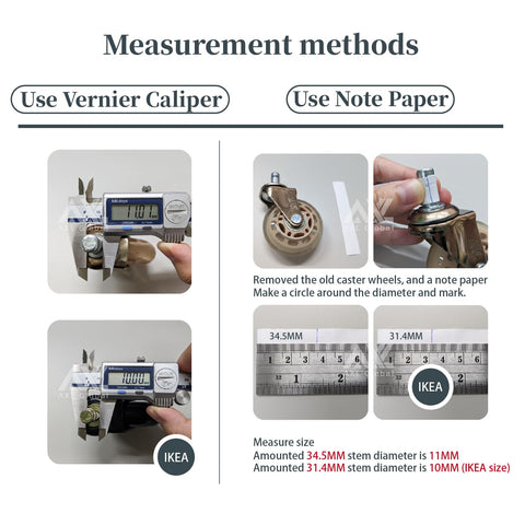 Métodos de medición para ruedas 10mm sillas 10mm oficina de IKEA utilizando un calibre y una hoja de papel