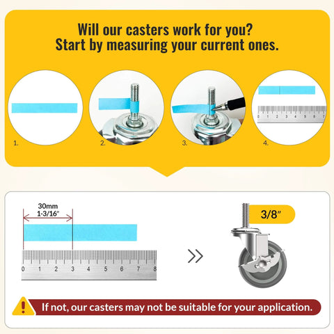 Image illustrating measurement tips for 3 Inch Locking Swivel Caster Wheels Set of 16 with Threaded Stem 3/8-16 x 1-1/2 Inch.