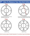 Diagram showing how to measure hub bolt patterns for 4-lug, 5-lug, 6-lug, and 8-lug configurations by measuring between holes.