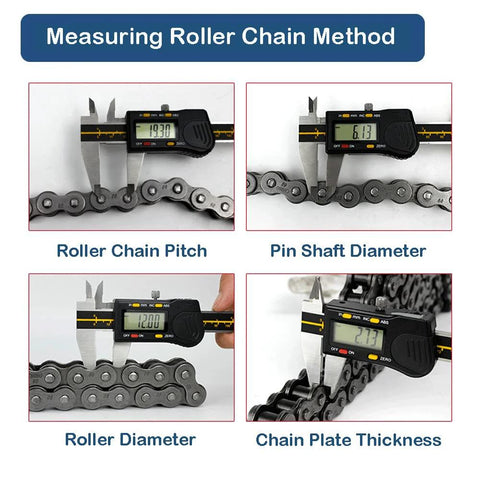 Calipers measuring roller chain pitch, pin shaft diameter, roller diameter, chain plate thickness, for 12.7mm Pitch Roller Chain Sprocket 36 Teeth, 1 Inch Bore, B Type, Hardened Rust Resistant Teeth, 0.25 Inch Keyway With Two Setscrews At 90 Degrees, Made From AISI 1045 Steel Heat Treated To HRC 38 42, RHKING