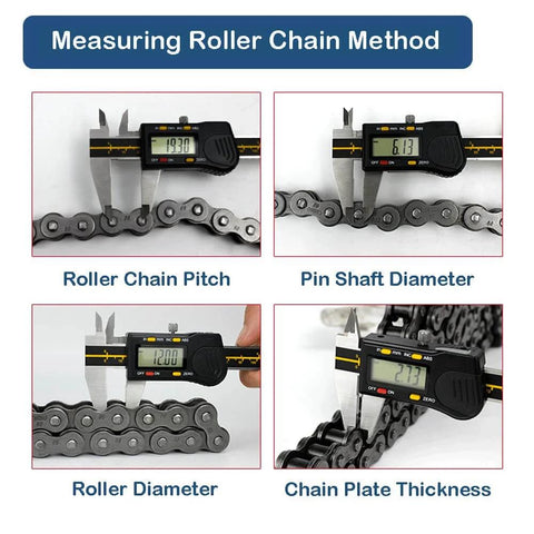 Diagram showing methods to measure roller chain dimensions with calipers; includes pitch, pin shaft diameter, roller diameter, and chain plate thickness.