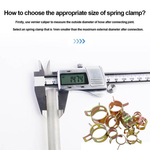 Digital caliper measuring tube alongside durable 70 piece hose clamp assortment in 6 9 10 11 12 14 16 mm ranges