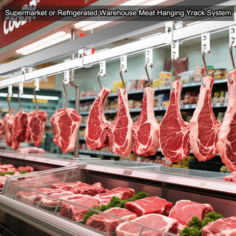 Meat hanging on hooks in a supermarket or refrigerated warehouse with steel rail system overhead for storage.