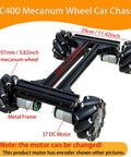 Mecanum Wheel 4WD Metal Robot Car Chassis Learning Kit in black with 97mm omnidirectional wheels and metal frame.