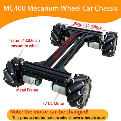 Mecanum Wheel 4WD Metal Robot Car Chassis Learning Kit in black with 97mm omnidirectional wheels and metal frame.