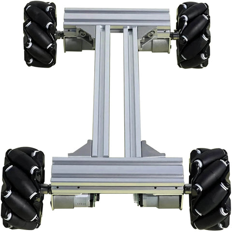 Mecanum Wheel 4WD Metal Robot Car Chassis Learning Kit with DC Encoder Motors featuring 97mm omnidirectional wheels and aluminum frame.