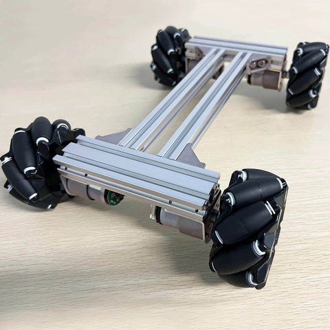 Mecanum Wheel 4WD Metal Robot Car Chassis Learning Kit with DC Encoder Motors featuring 97mm omnidirectional wheels aluminum frame.
