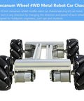 Mecanum Wheel 4WD Metal Robot Car Chassis Learning Kit with DC Encoder Motors featuring 97mm omnidirectional wheels aluminum frame and DIY control platform for Arduino Raspberry Pi Microbit AGV ROS AI robotics education.