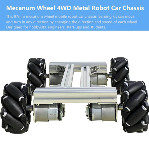 Mecanum Wheel 4WD Metal Robot Car Chassis Learning Kit with DC Encoder Motors featuring 97mm omnidirectional wheels aluminum frame and DIY control platform for Arduino Raspberry Pi Microbit AGV ROS AI robotics education.