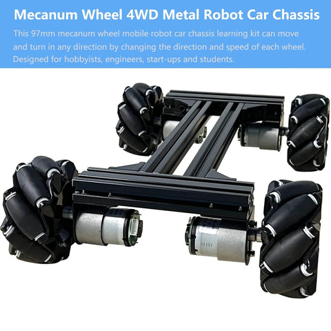 Mecanum Wheel 4WD Metal Robot Car Chassis Learning Kit in black with 97mm omnidirectional wheels and encoder motors.