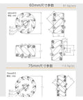 Technical diagram of Mecanum wheels including dimensions for 60mm and 75mm sizes, used in Metal Wheel 4 Wheels/Set Omni Metal Mecanum Wheel.