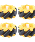 Yellow and black 60mm Mecanum Wheel set for omnidirectional smart robot car parts, featuring durable materials, ideal for DIY projects.