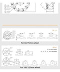 Technical drawings for Metal Wheel 4 Wheels/Set Omni Metal Mecanum Wheel, 100mm Omnidirectional Wheel with various dimensions.