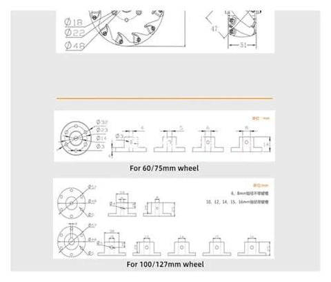 Technical drawings for Metal Wheel 4 Wheels/Set Omni Metal Mecanum Wheel, 100mm Omnidirectional Wheel with various dimensions.