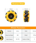 Close-up of yellow and black Mecanum wheel with dimensions, part of 4WD Mecanum Wheel Robot Chassis Kit With Metal Frame For 360 Degree Omnidirectional Movement TT Motors And Durable Aluminum Alloy Chassis For Arduino Microbit And Raspberry Pi Building Platform DIY Unassembled.