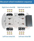 Mecanum wheel installation sequence for DIY Mecanum Wheel Car Kit with metal chassis and TT motors.