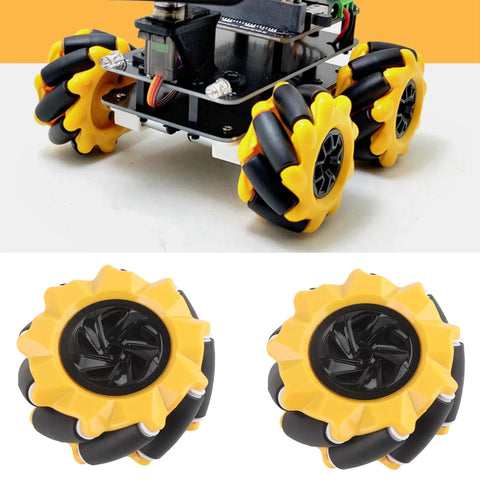 Omni Directional Mecanum Wheel Kit for DIY Smart Robot Cars, 80mm rubber coated wheels shown on a robot chassis, two pairs, yellow and black.