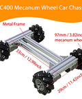 Mecanum Wheel 4WD Metal Robot Car Chassis Learning Kit with DC Encoder Motors featuring 97mm omnidirectional wheels aluminum frame.