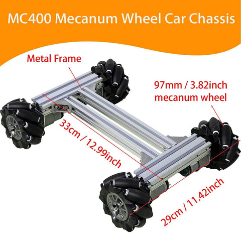 Mecanum Wheel 4WD Metal Robot Car Chassis Learning Kit with DC Encoder Motors featuring 97mm omnidirectional wheels aluminum frame.