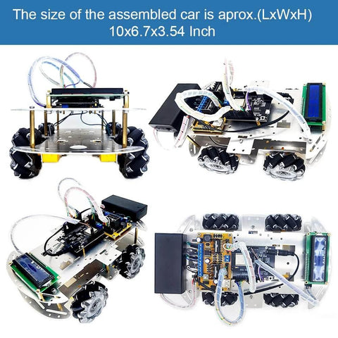 DIY Mecanum Wheel Car Kit with metal chassis and TT motors, 4WD, 2.67 inch wheels, assembled size 10x6.7x3.54 inch.