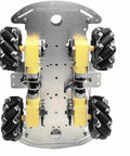 DIY Mecanum Wheel Robot Car Kit with 4WD omnidirectional chassis showing four TT motors and mecanum wheels from a top view.