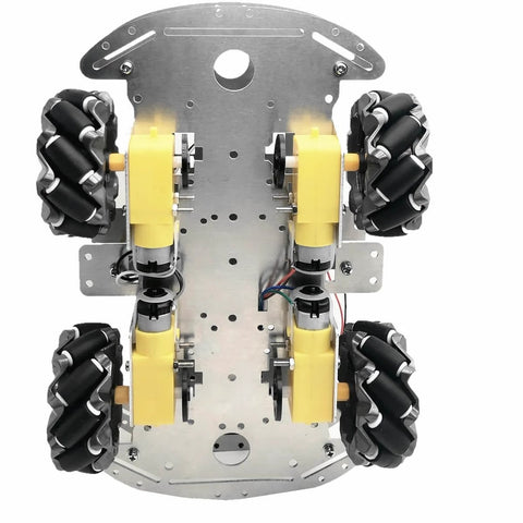 DIY Mecanum Wheel Robot Car Kit with 4WD omnidirectional chassis showing four TT motors and mecanum wheels from a top view.