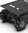 Close-up of Mecanum Wheel Robot Chassis Kit with 360 Degree Omnidirectional Wheels, showing aluminum alloy frame and 66mm black wheels
