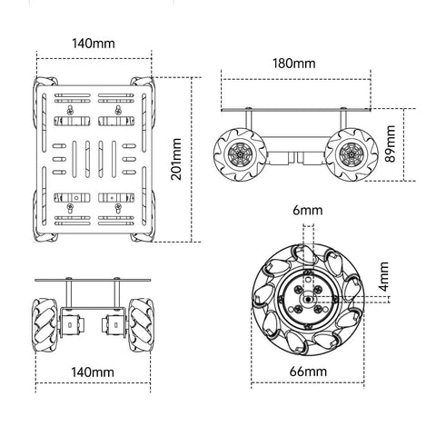 Technical drawing of Mecanum Wheel Robot Chassis Kit with 66mm omnidirectional wheels and aluminum alloy frame measurements.