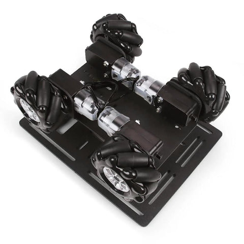 Mecanum Wheel Robot Chassis Kit with 360 Degree Omnidirectional Wheels, aluminum alloy frame, TT motors, 66mm wheels, top view