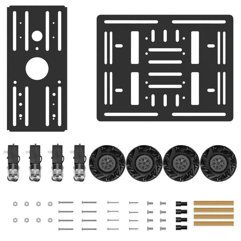 Unassembled Mecanum Wheel Robot Chassis Kit with aluminum alloy frame, 360-degree wheels, TT motors, and hardware for STEM education.