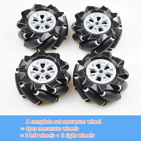 Mecanum Wheel 4WD Metal Robot Car Chassis Learning Kit in black featuring 97mm omnidirectional wheels in a complete set.