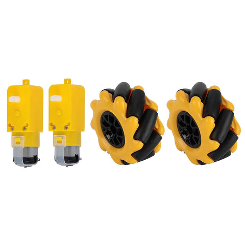 Advanced Mecanum Wheel Set For Robot Car Platforms With Four Wheel Drive, Rubber Coated Wheels, TT gear motors for DIY RC projects.