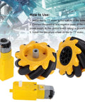 Mecanum wheel set for DIY robot car with TT motor, showing wheels and motor components for omni-directional movement installation guide.