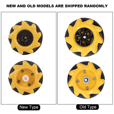 Comparison of new and old Mecanum Wheel Set For Smart Robot Car, showcasing 48mm rubber-coated directional wheels in bold yellow black 3D look.