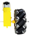 DIY Mecanum Wheel Robot Car Kit with 4WD omnidirectional chassis showing a TT motor and a 2.68 inch mecanum wheel, designed for robotics projects.