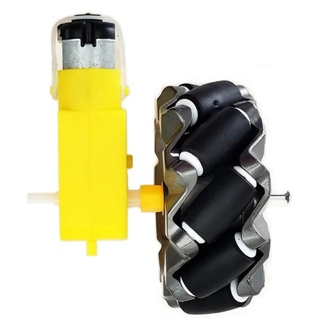 DIY Mecanum Wheel Robot Car Kit with 4WD omnidirectional chassis showing a TT motor and a 2.68 inch mecanum wheel, designed for robotics projects.