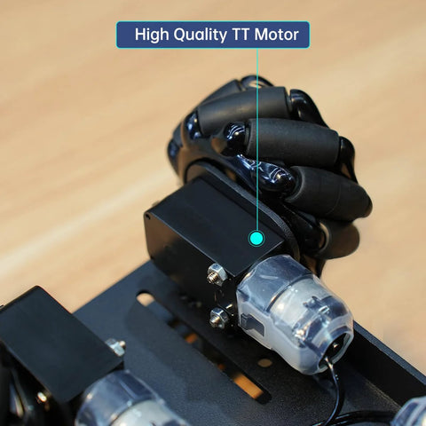 Close-up of TT Motor in Mecanum Wheel Robot Chassis Kit With 360 Degree Omnidirectional Wheels Aluminum Alloy Frame