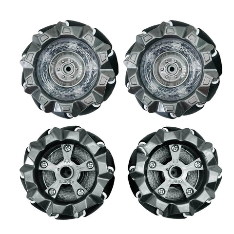 DIY Mecanum Wheel Robot Car Kit with 4WD omnidirectional chassis showing four 2.68 inch mecanum wheels from different angles.