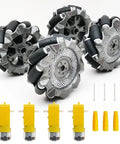 DIY Mecanum Wheel Robot Car Kit with 4WD omnidirectional chassis showing four 2.68 inch mecanum wheels and TT motors.