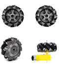 Close-up view of 2.67 inch mecanum wheels for DIY Mecanum Wheel Car Kit with metal chassis and TT motors featuring 4WD.