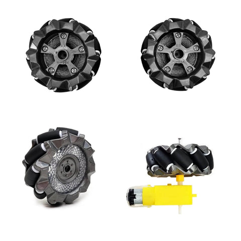 Close-up view of 2.67 inch mecanum wheels for DIY Mecanum Wheel Car Kit with metal chassis and TT motors featuring 4WD.