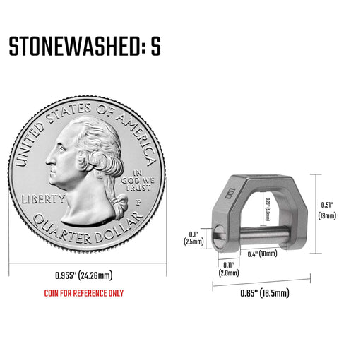 Comparative size of MecArmy CH2 Titanium D Shape Heavy Duty Key Ring, S size, next to a quarter for scale, stonewashed finish.