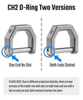 Comparison of two MecArmy CH2 Titanium D Shape Heavy Duty Key Rings showing single slotted and both ends slotted versions with screw shackle.