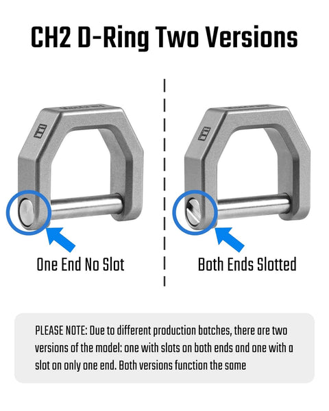 Comparison of two MecArmy CH2 Titanium D Shape Heavy Duty Key Rings showing single slotted and both ends slotted versions with screw shackle.